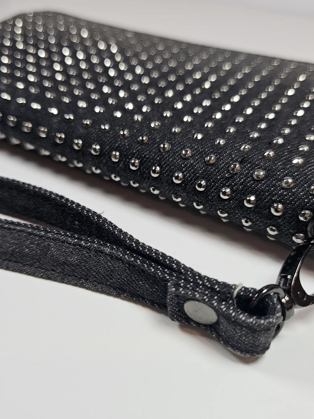 Black Denim Metal Studded Zip-Around Wristlet Wallet